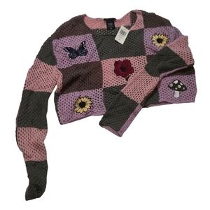Hot Topic Pink, Lavender & Gray Patchwork Crochet Sweater with Patches